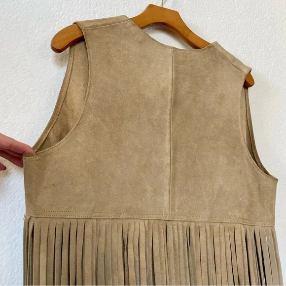 Vintage Suede Leather Long Fringe Vest Taupe Camel Boho Layering Piece NWT - Picture 9 of 16